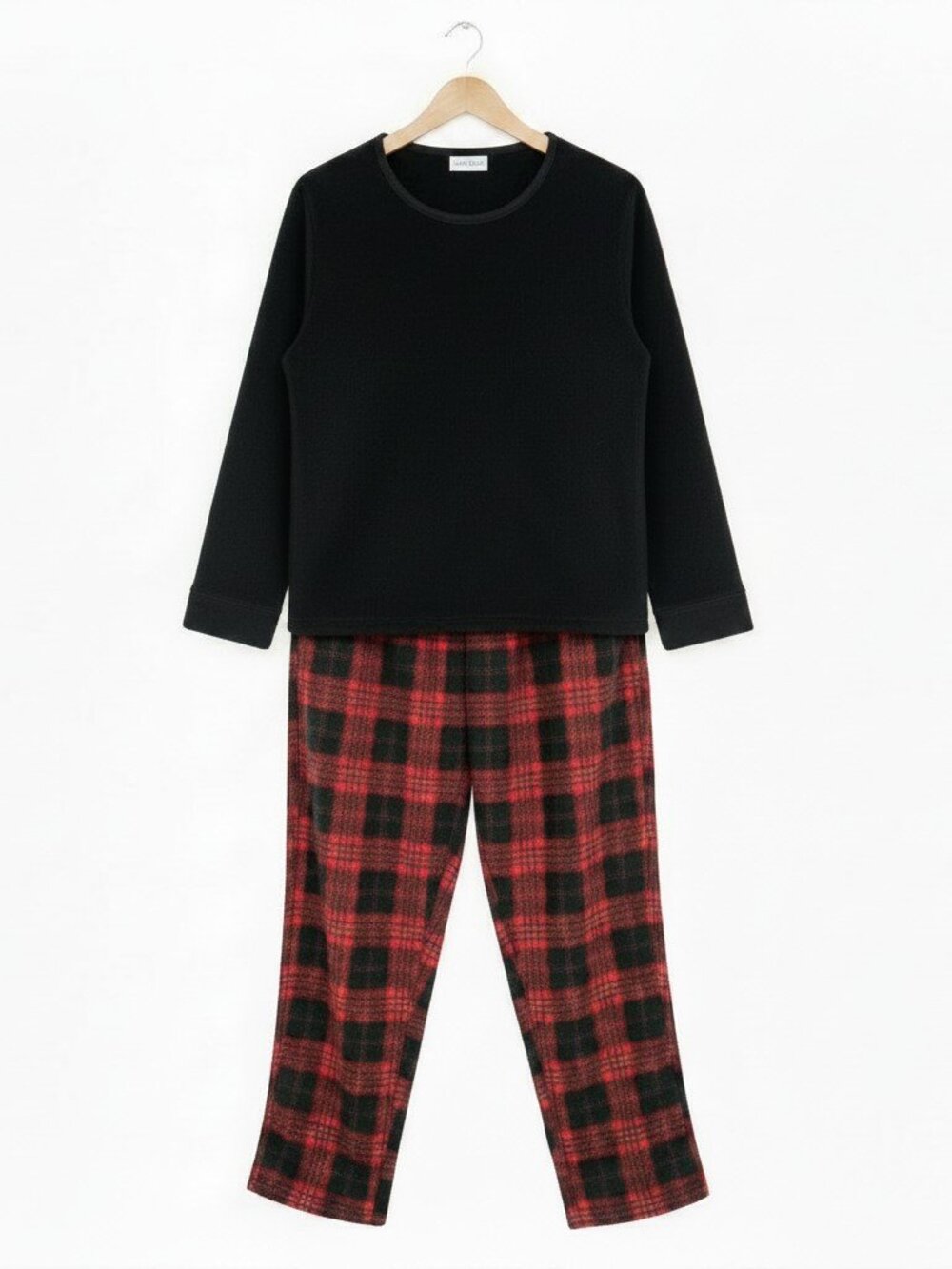 Men's 2-Piece Pajama Set | Black Long Sleeve Top & Red Plaid Pants Size Large